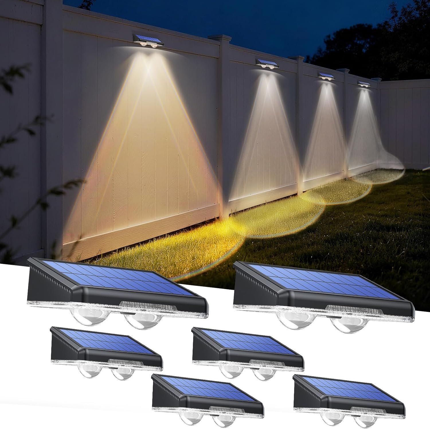TECKNET Solar Fence Lights Outdoor 6 Pack, 3 Modes 3500K/4500K/6500K,