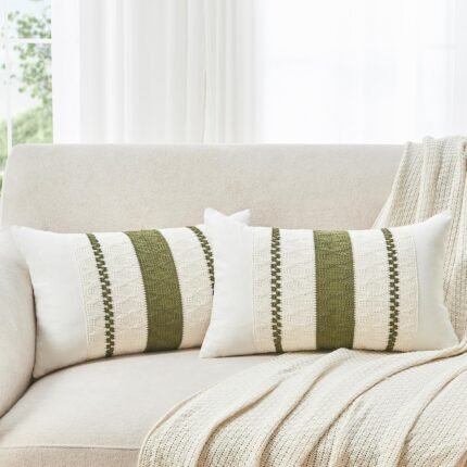 Throw Pillow Covers Set of 2 12x20 Inch Boho Pillow Covers, Soft Lumbar Neutral Cotton Olive Green Decorative Case for Couch Sofa Bed Living Room, Home Modern Woven Farmhouse Cute Decor