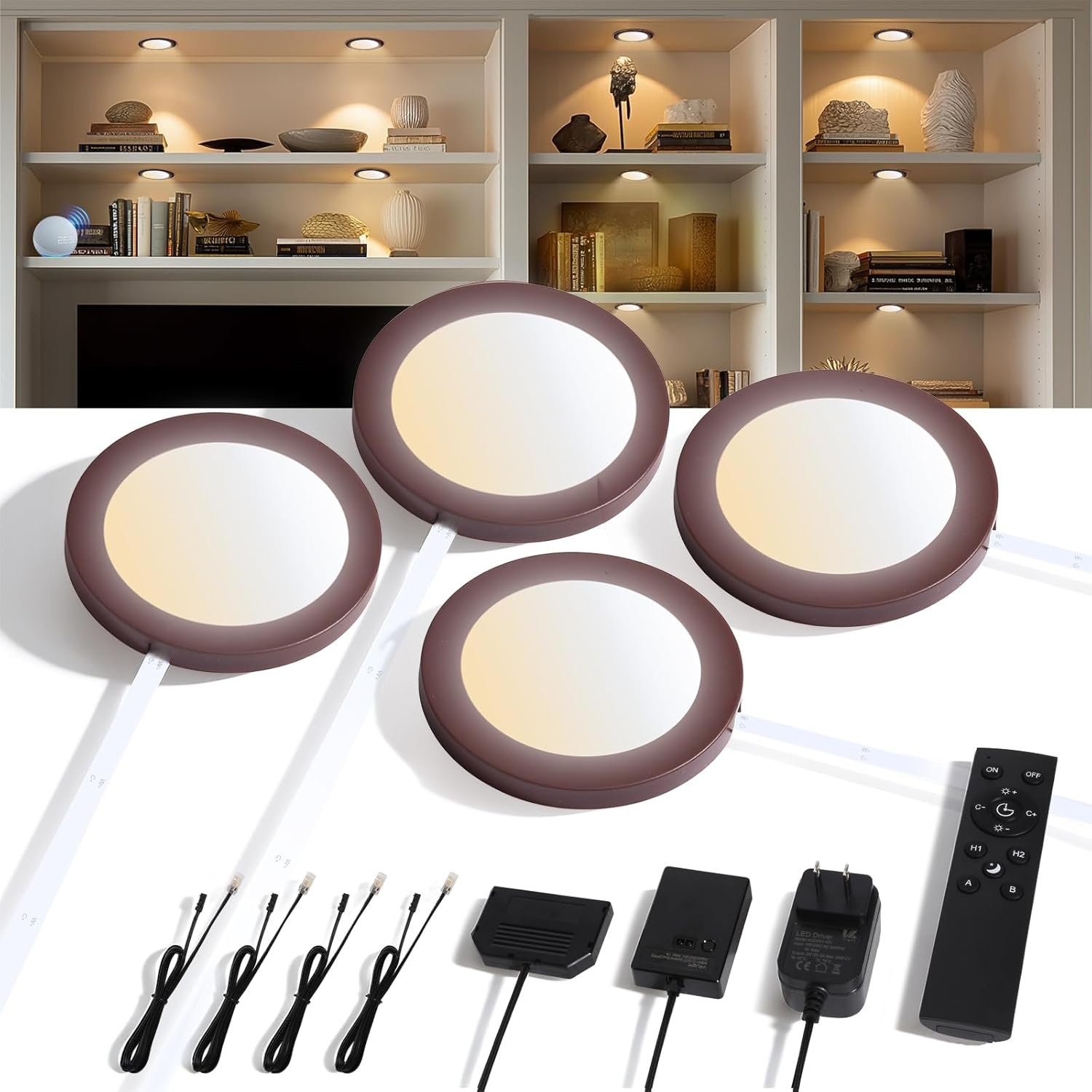V4light Smart Plug-in LED Puck Lights Brown, Ultra-Thin Under Cabinet