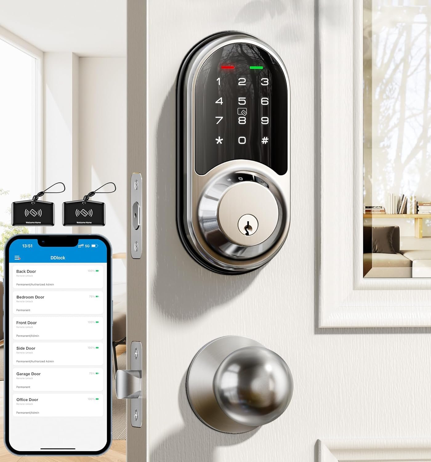 Veise RZ06C Smart Locks for Front Door, 2 Knob Handle