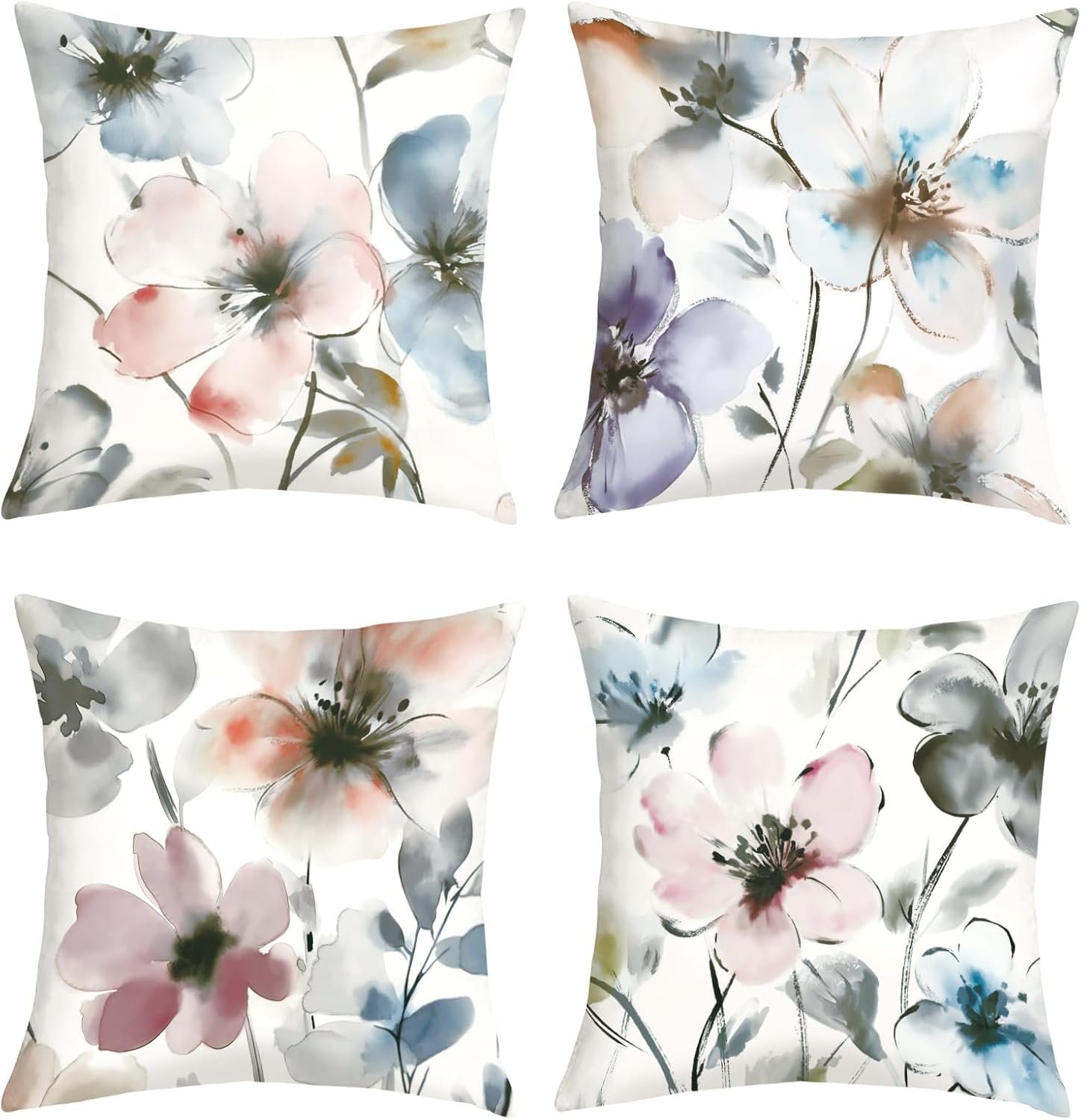 Watercolor Flower Throw Pillow Covers 20x20 Inch Set of 4