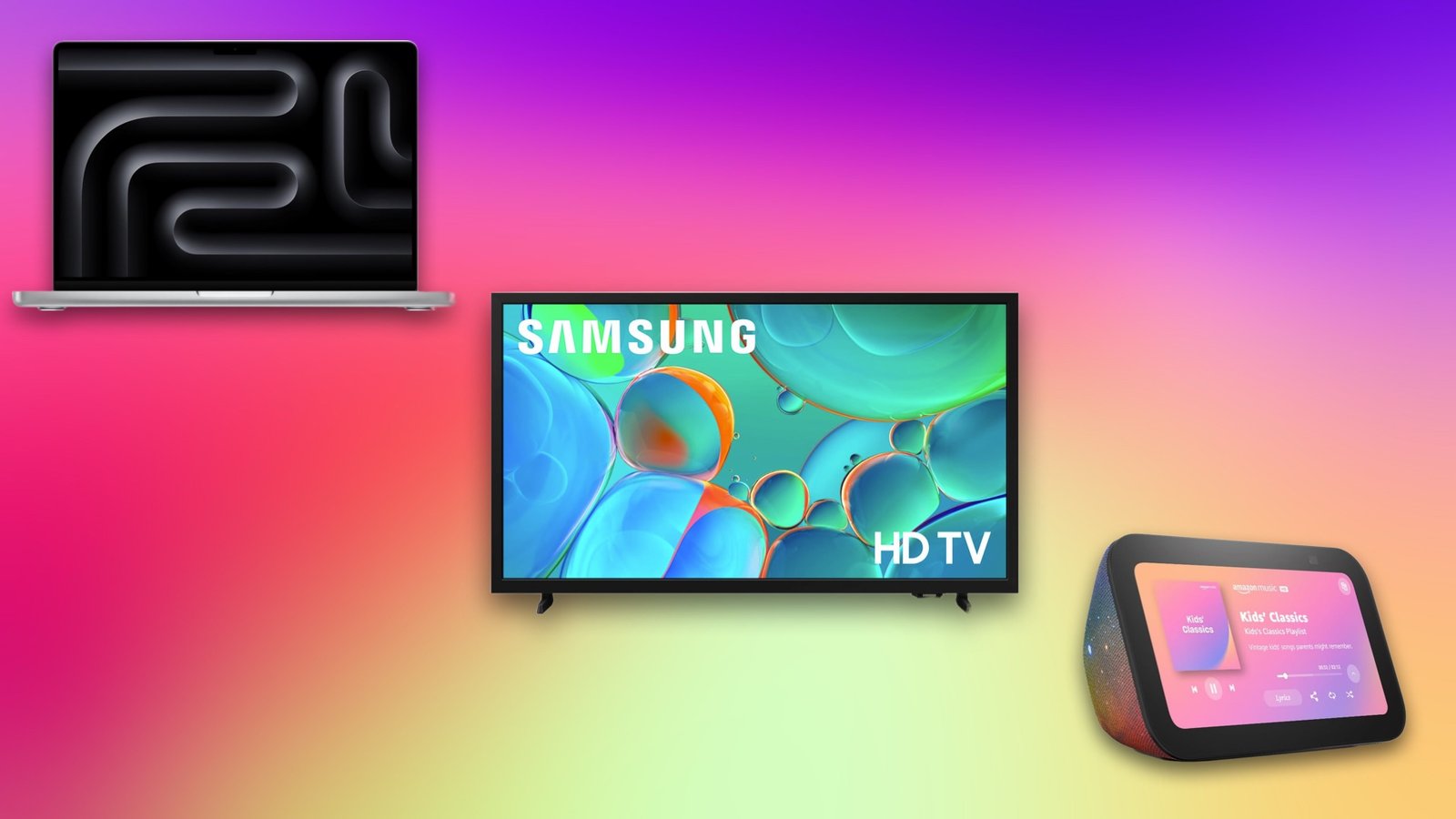 A laptop, TV and tablet are on a red, yellow and blue background.