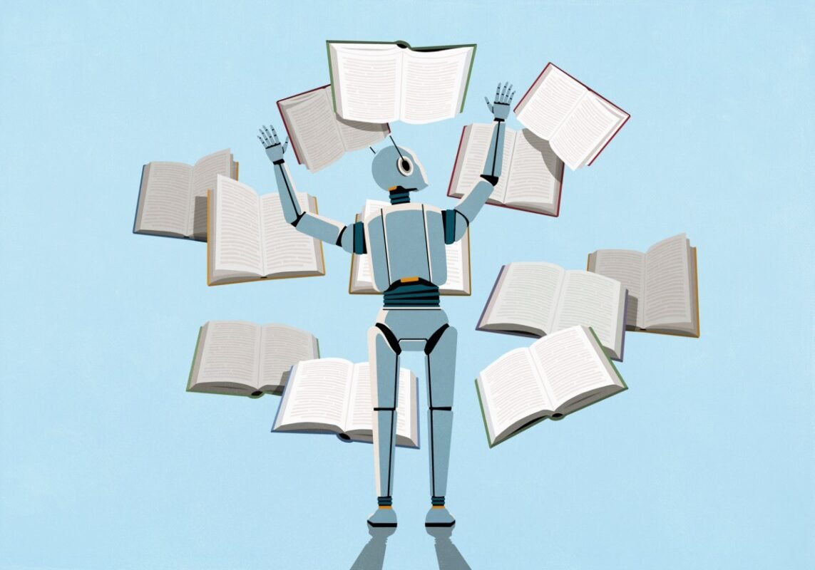 render of LLM AI bot reading multiple books at once