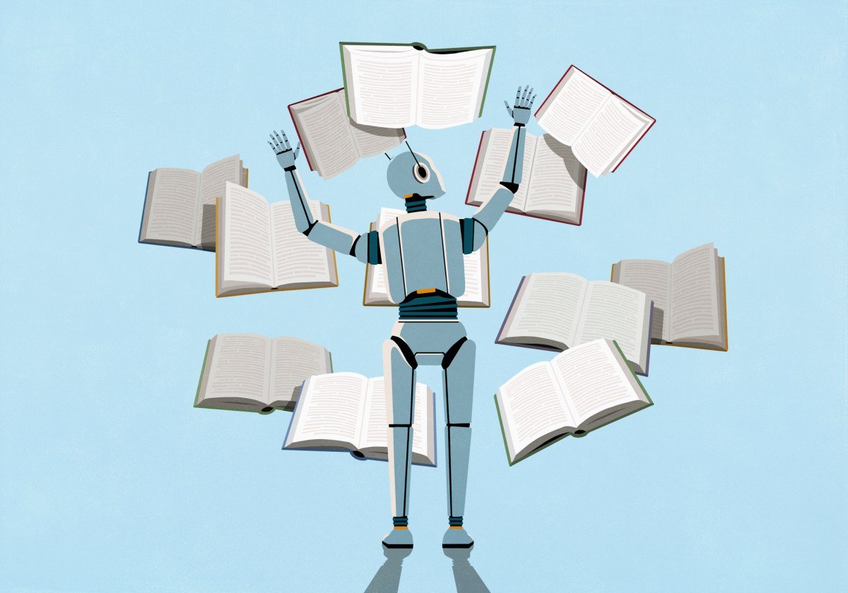 render of LLM AI bot reading multiple books at once