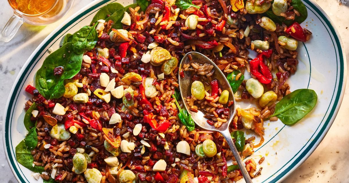 Chorizo, broad bean & wild rice platter with sherry vinegar dressing recipe