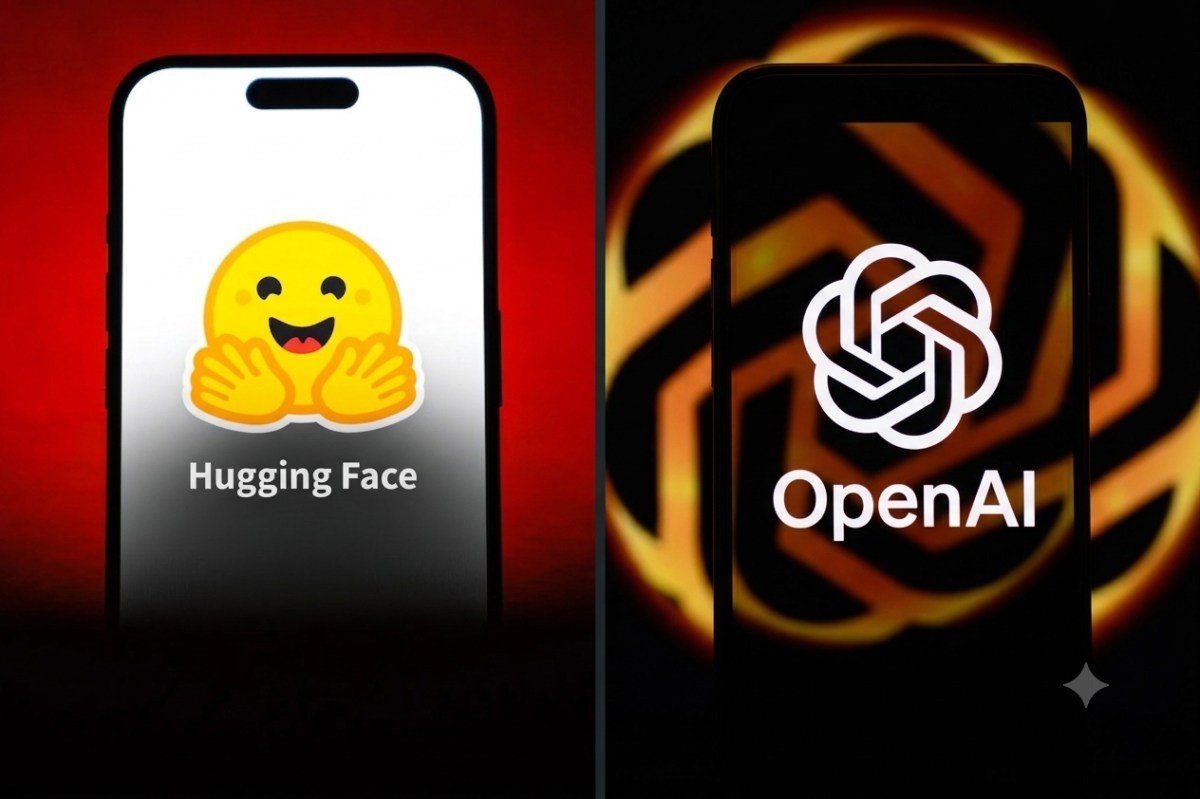 A split screen illustration featuring the logos of Hugging Face and OpenAI.