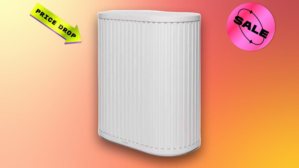 A white-colored Windmill air purifier with "price drop" and "sale" sticker on a red and yellow CNET background.