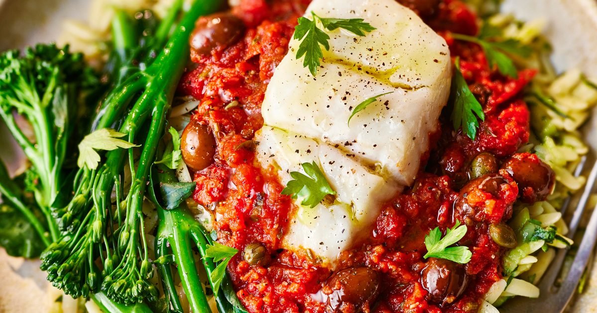 Puttanesca baked cod with lemony courgette orzo recipe