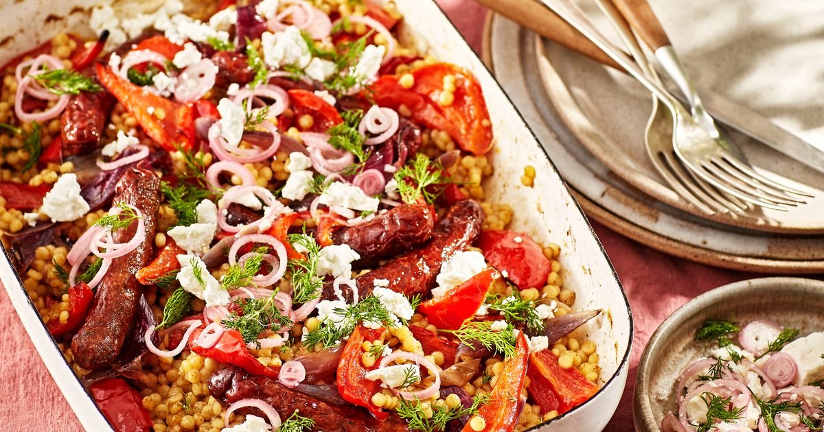 Roasted red pepper, merguez & giant couscous traybake recipe