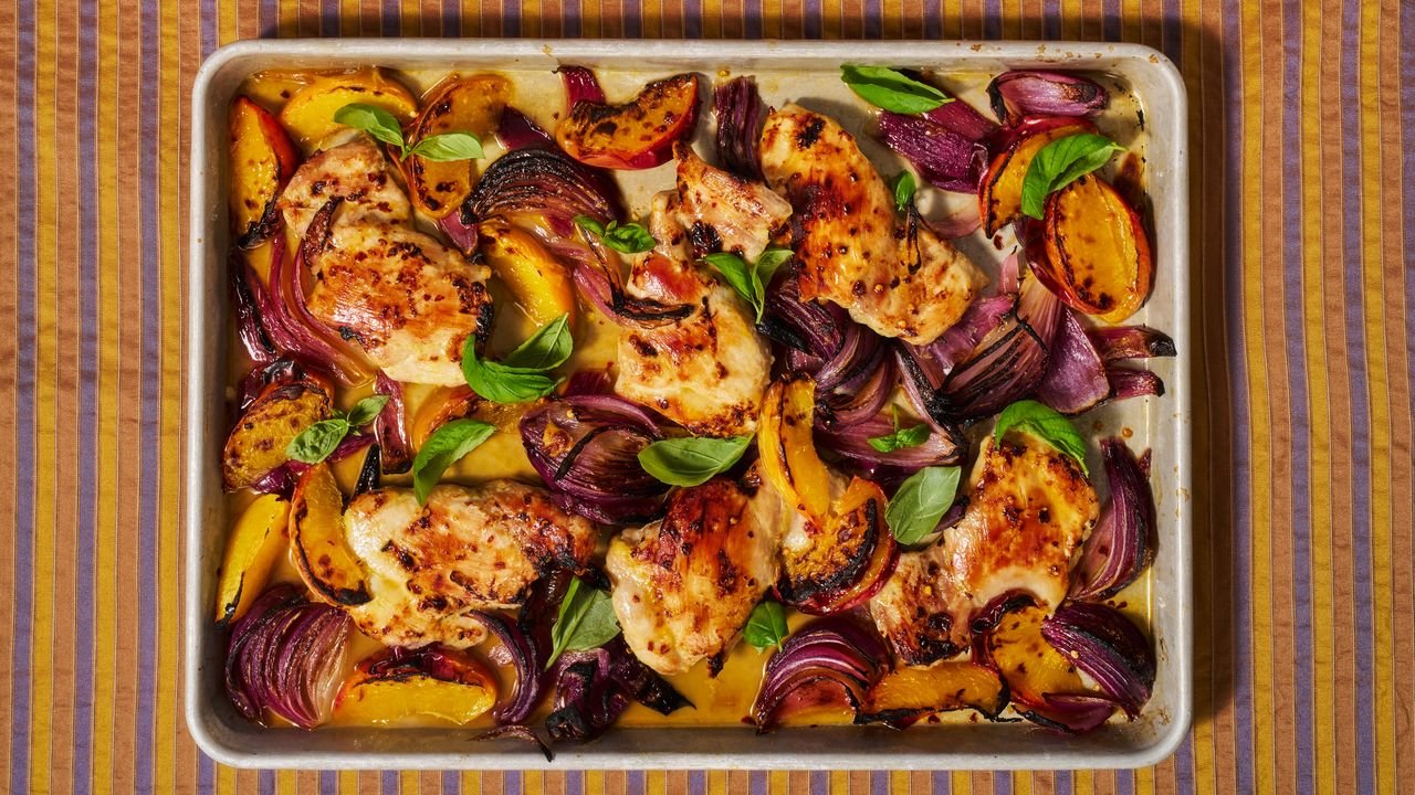 Sheet-Pan Hot Honey Chicken and Peaches Recipe
