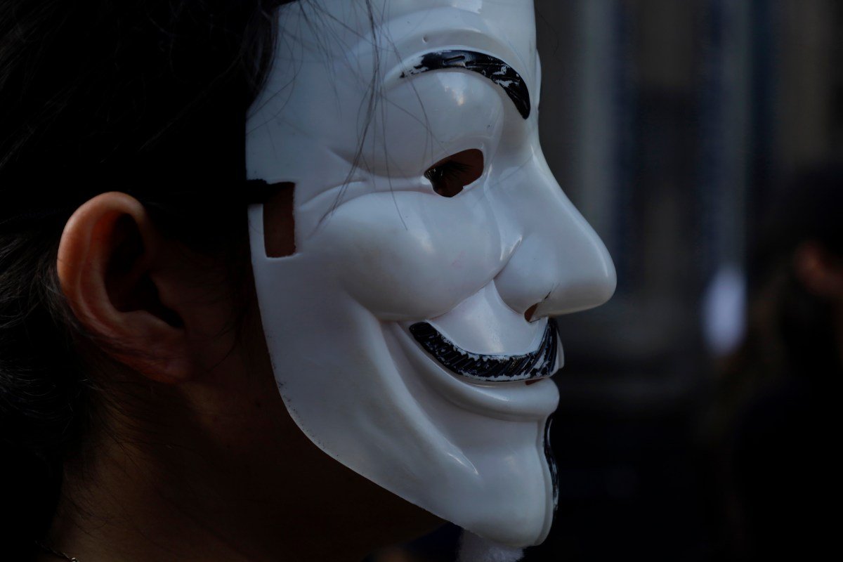 A member of the international organisation Anonymous for the Voiceless wears a Guy Fawkes mask while demonstrating in the streets of Mexico City's Historic Center.