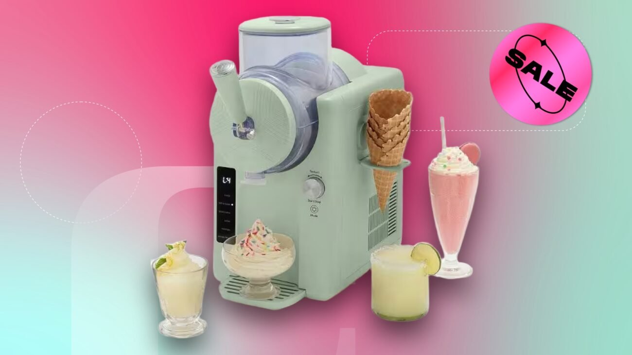 An ice cream maker with ice cream, shake and sale sticker on a pink and green CNET background.