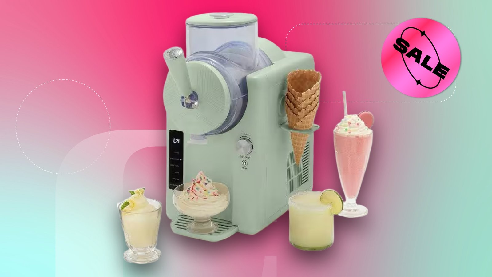An ice cream maker with ice cream, shake and sale sticker on a pink and green CNET background.