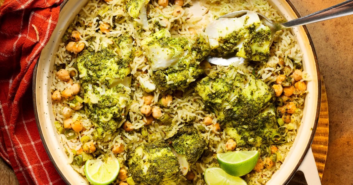 Baked herby cumin rice with zhoug cod recipe