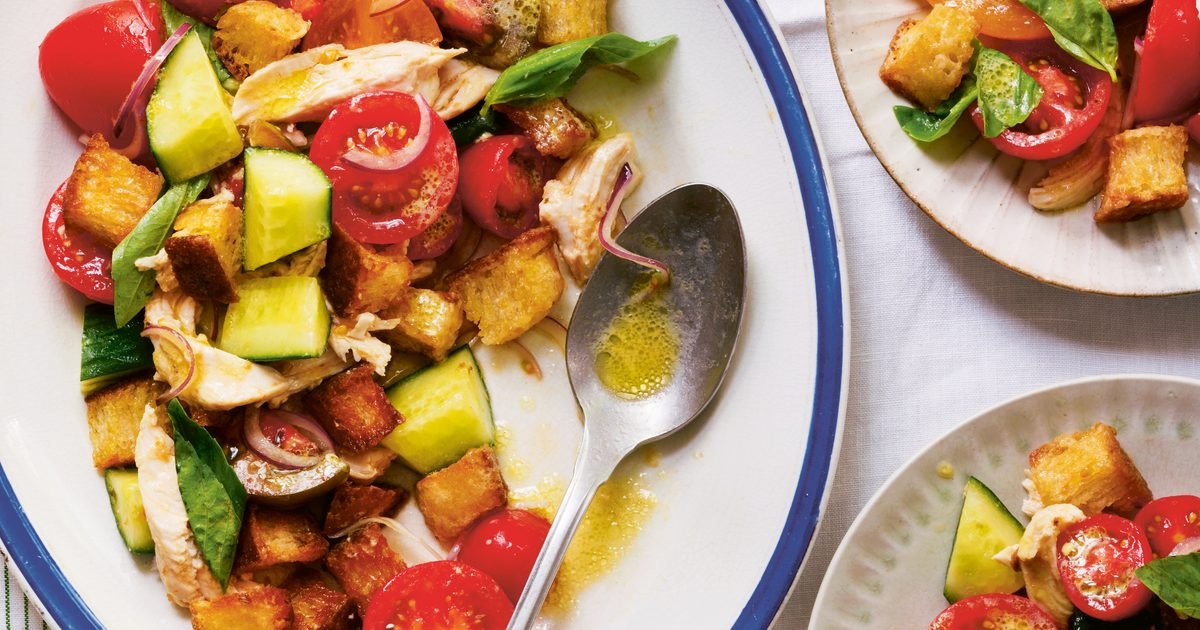 Chicken panzanella with crumpet croutons recipe