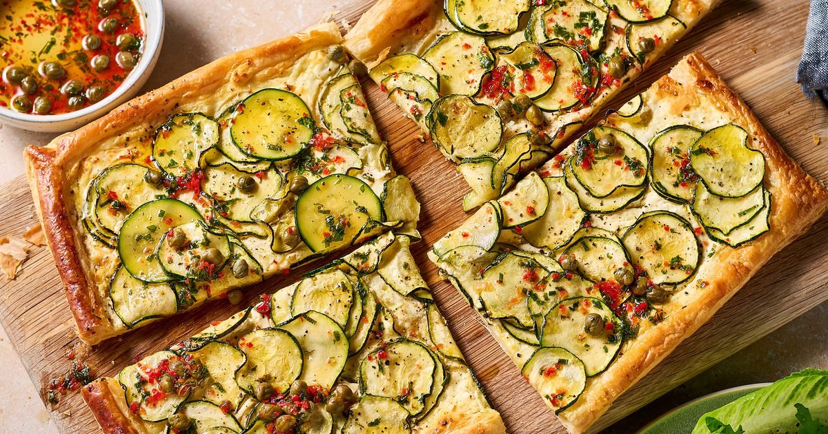 Courgette & feta tart with caper & mint dressing