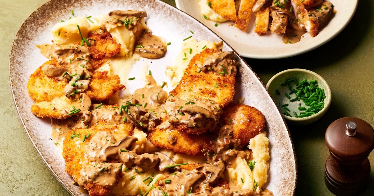 Crispy chicken schnitzel with miso & mushroom sauce recipe