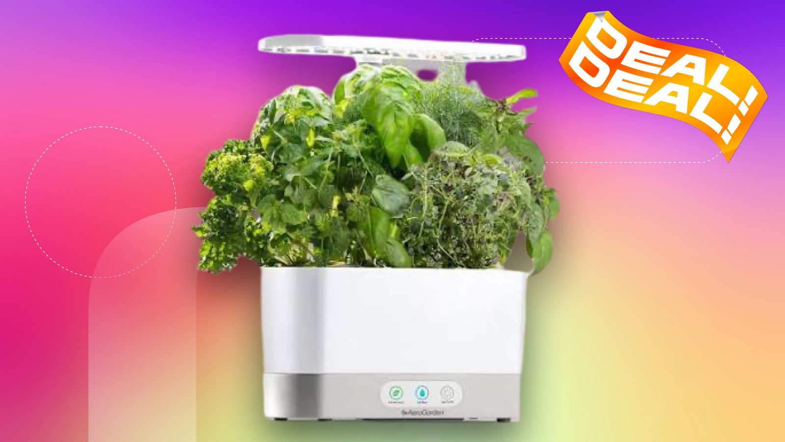 An indoor garden in white color with deal deal sticker on a pink and yellow CNET background.