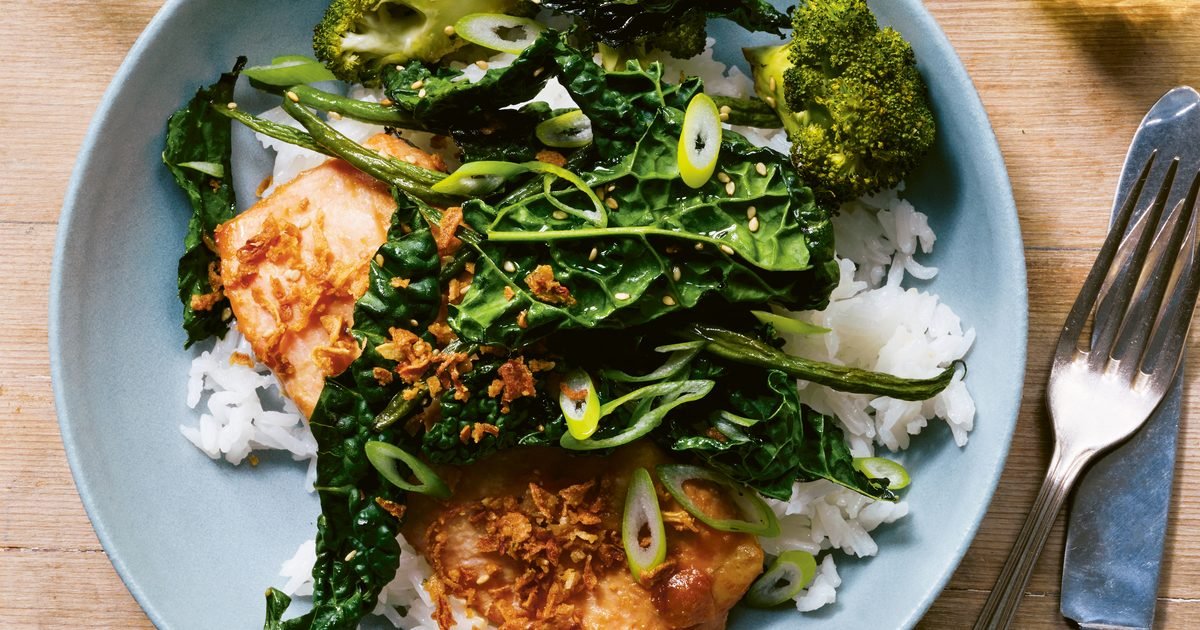 Miso salmon with jasmine rice and crispy greens recipe