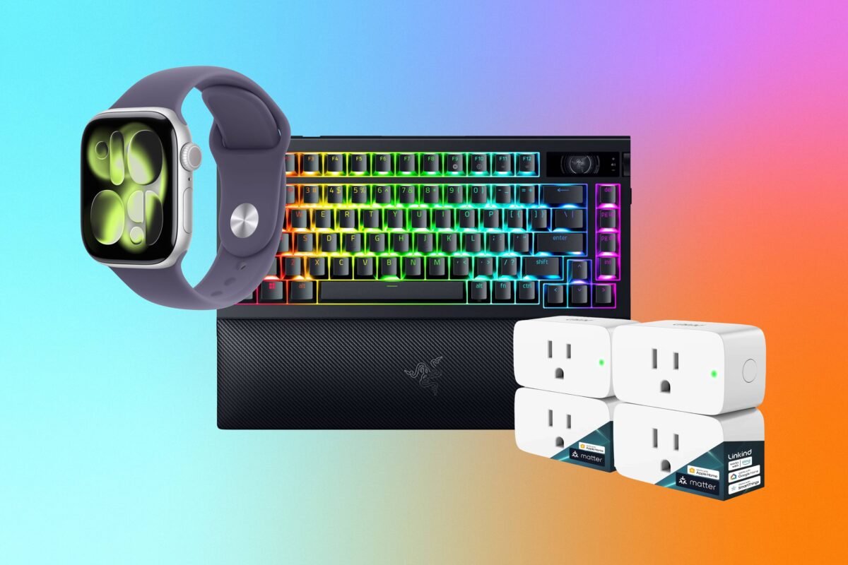 A smartwatch, keyboard and pack of smart plugs against a blue, purple and orange gradient CNET background.