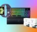 A smartwatch, keyboard and pack of smart plugs against a blue, purple and orange gradient CNET background.