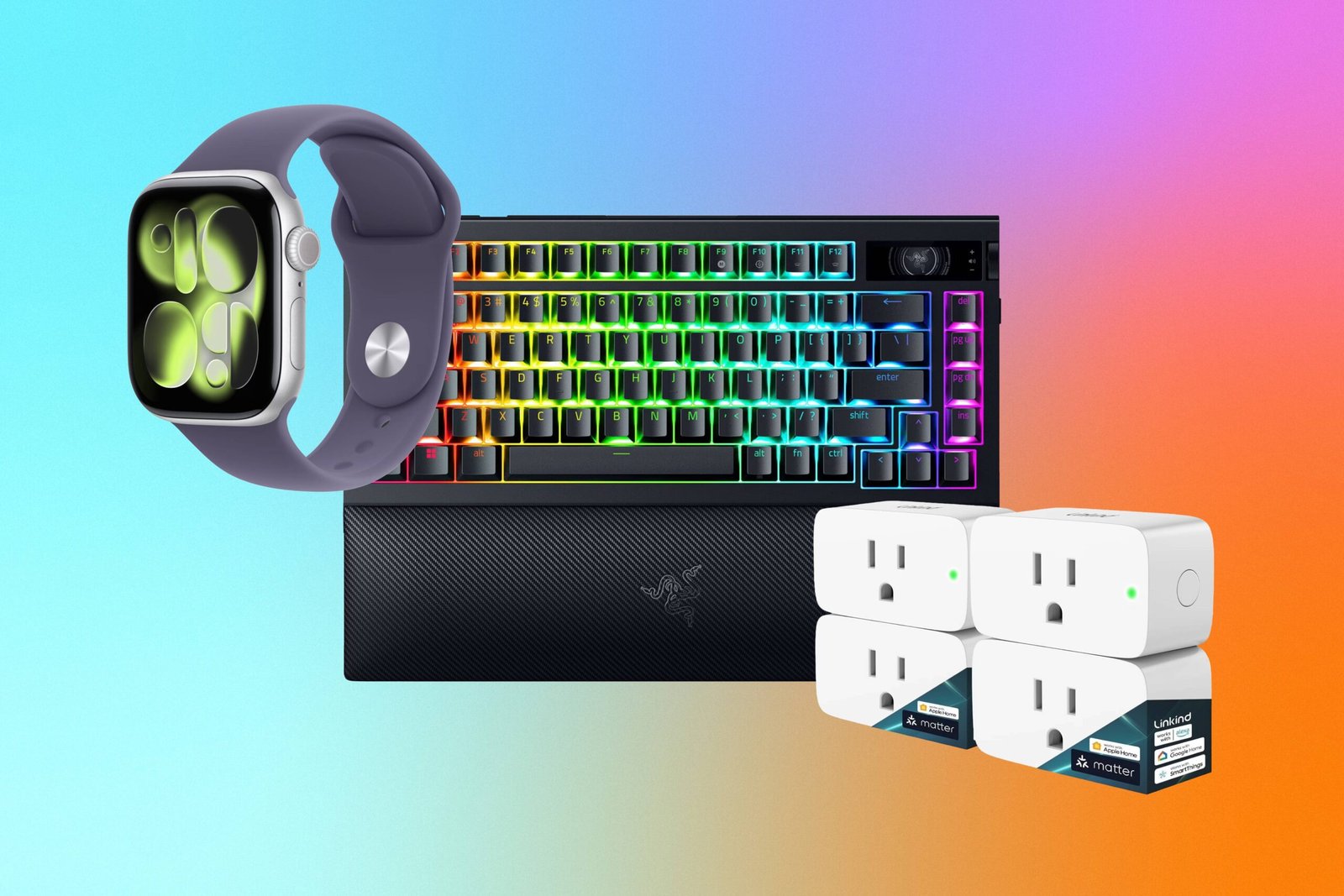 A smartwatch, keyboard and pack of smart plugs against a blue, purple and orange gradient CNET background.