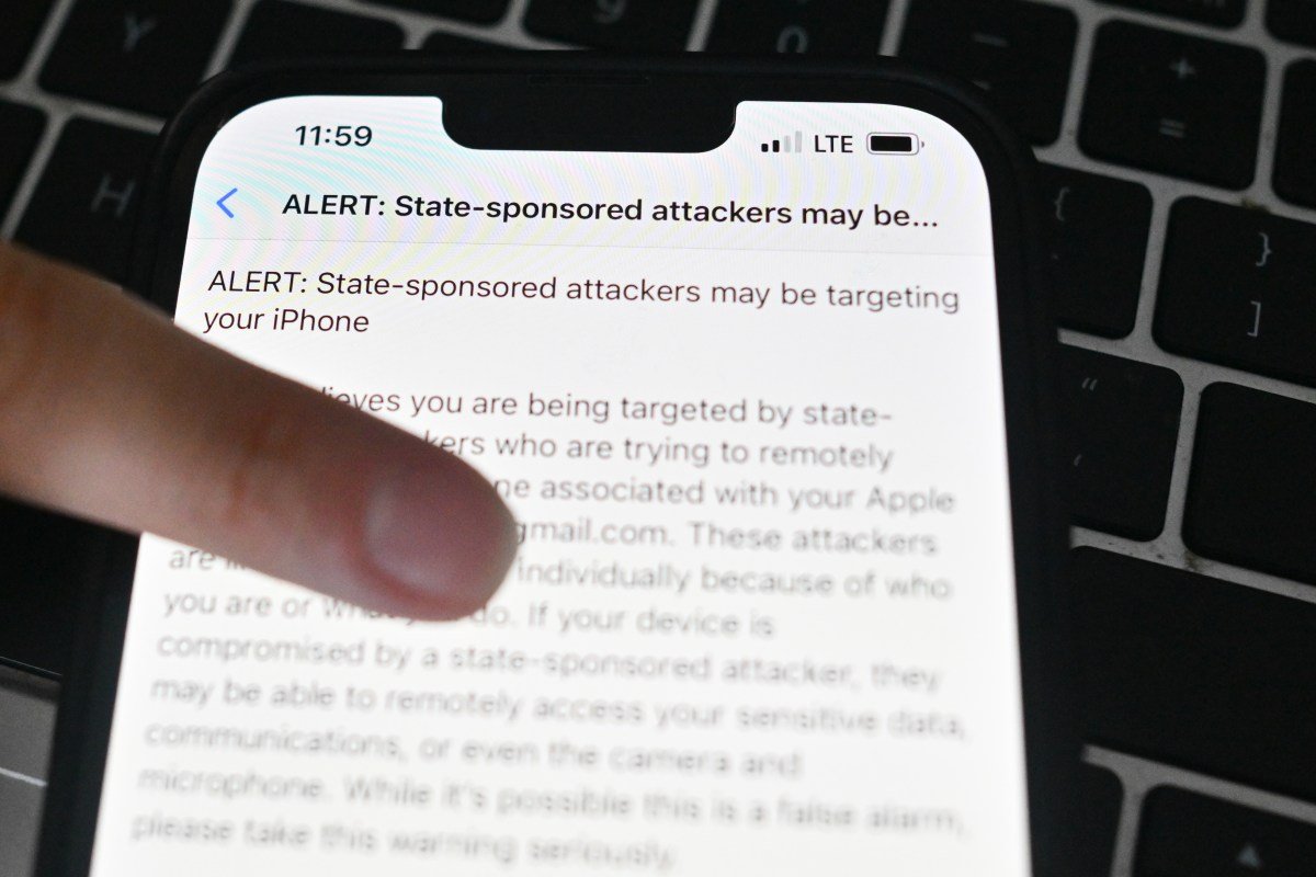 A Polish journalist iPhone displays an Apple alert saying "state sponsored attackers may be targeting your iPhone" on March 07, 2024 in Warsaw, Poland.