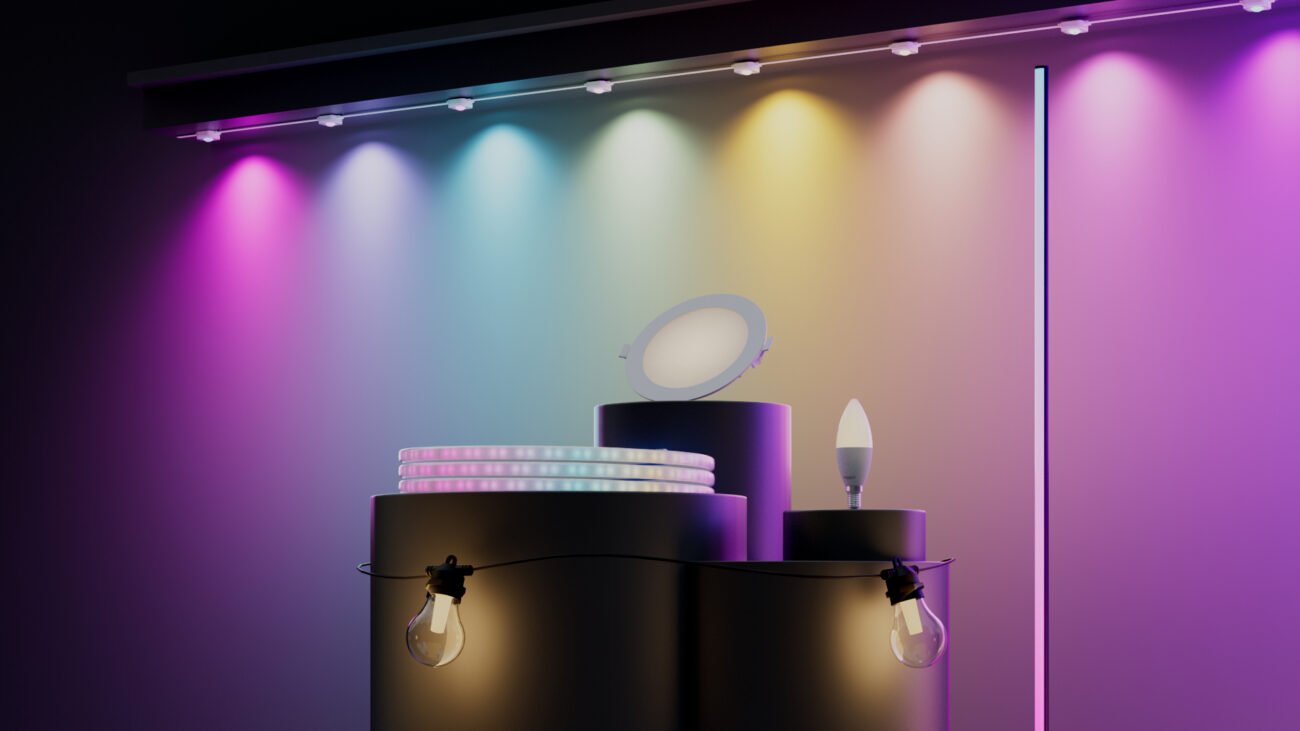 Aqara lighting products on stands at an IFA booth.