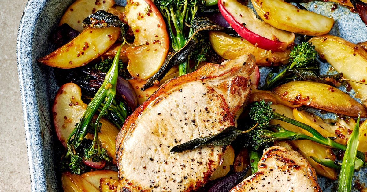 One-pan mustard pork & apple traybake recipe