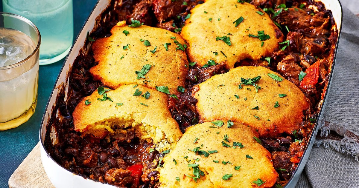 Smoky beef & black bean stew with cornbread dumplings recipe