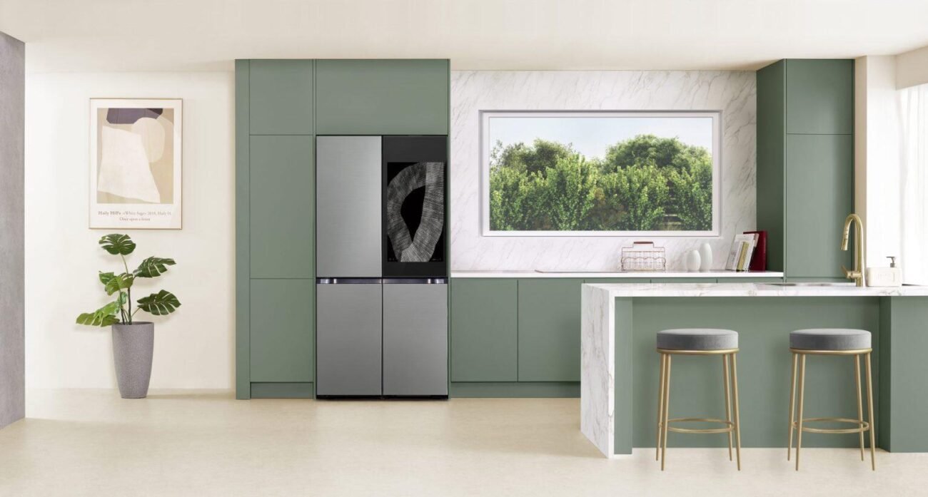 A kitchen that includes a smart fridge from Samsung.