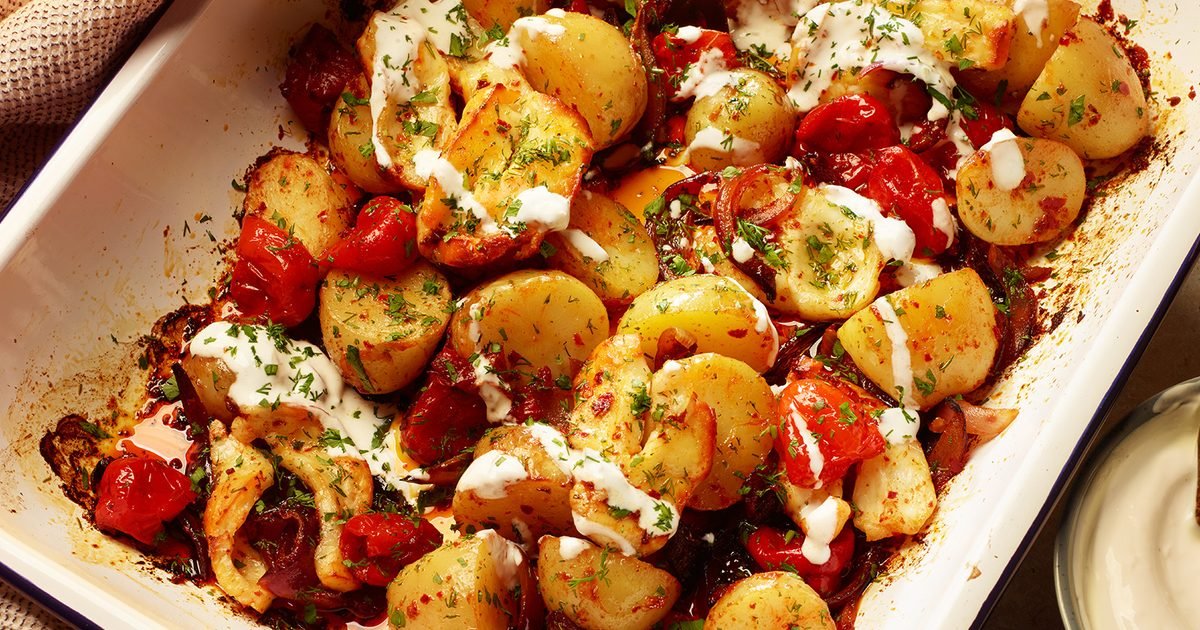 Halloumi, pickled pepper, harissa & potato tray bake recipe