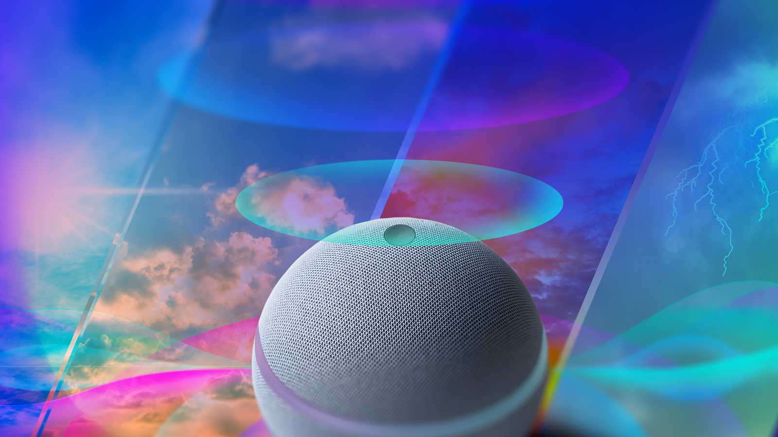 Smart speaker against CNET weather graphics.