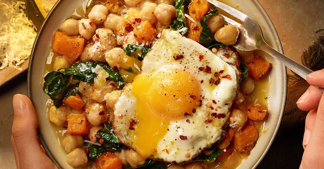 Pumpkin chickpeas & crispy chilli egg
