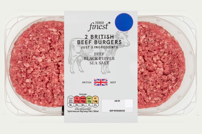 A pack of two Tesco Finest 3-ingredient burgers